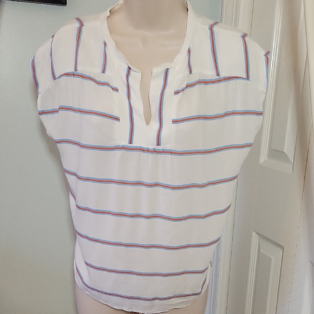 LOFT White Striped V Neckline Short Sleeve Blouse sz Small Petite